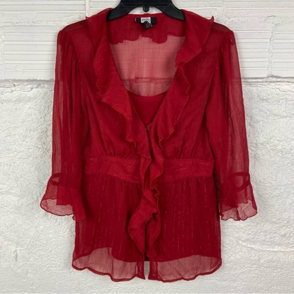 Studio 1940 Vibrant Y2K Red Ruffled V neck Blouse size medium